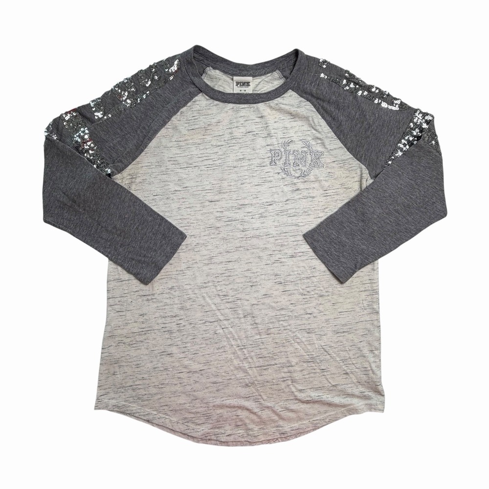 2015 Victoria's Secret PINK Sequin Half Sleeve Grey 2 Toned Tee Size Medium